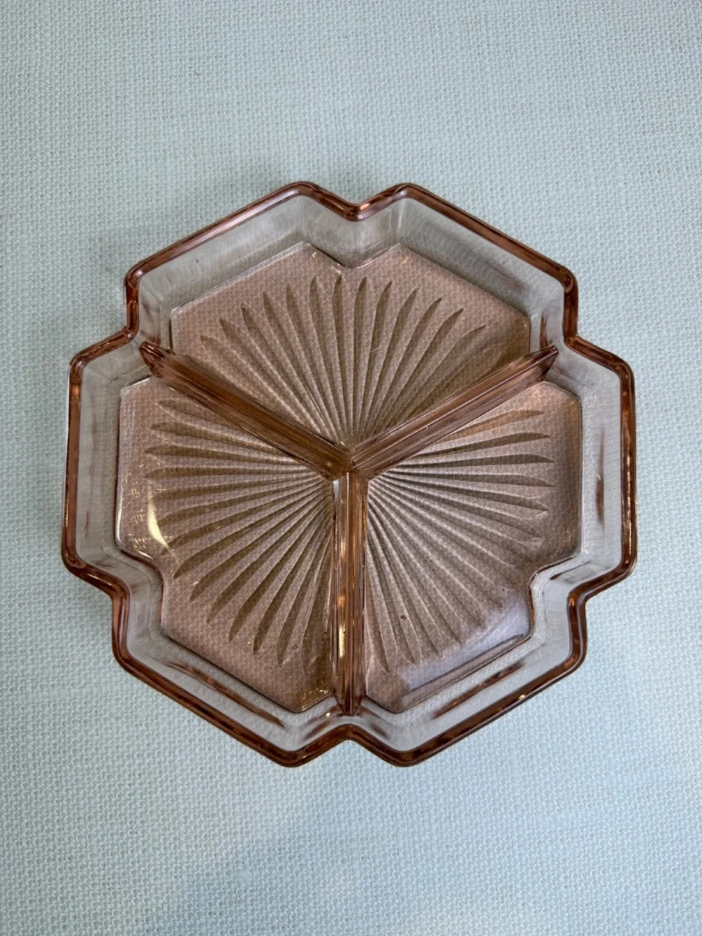 Pink Depression Glass 3-Section Divided Relish & Candy Dish — Starburst Pattern - Picture 9 of 10
